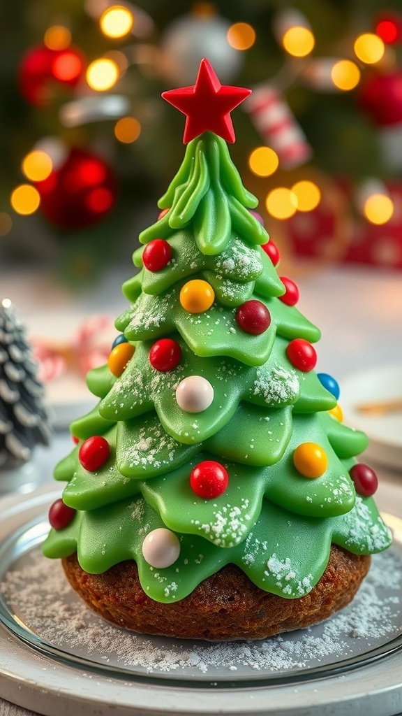 Mini Christmas tree cake decorated with green frosting and colorful candies, on a festive holiday table.
